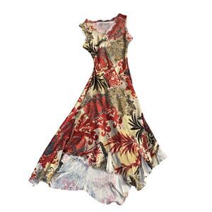 V Neck Sleeveless Fit and Flare Handkerchief Midi Asymmetrical  Stretch Lace S